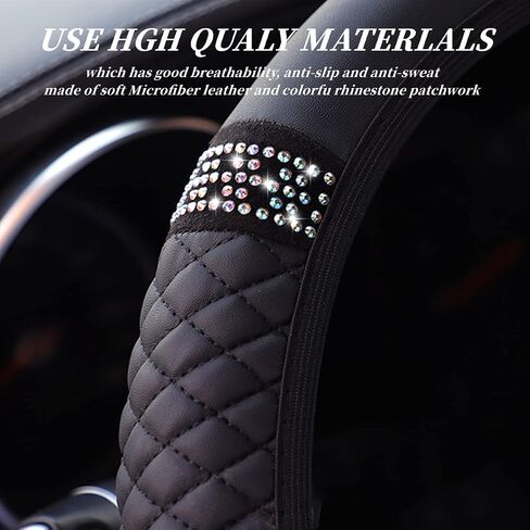 Diamond Leather Steering Wheel Cover for Women Girls, with Bling Bling Crystal Rhinestones, Universal Fit 15 Inch Car Steering Wheel Protector (Black) in Saudi Arabia