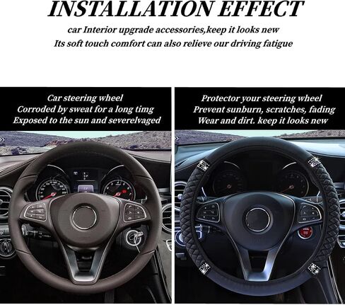 Diamond Leather Steering Wheel Cover for Women Girls, with Bling Bling Crystal Rhinestones, Universal Fit 15 Inch Car Steering Wheel Protector (Black) in Saudi Arabia