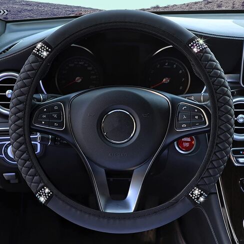 Diamond Leather Steering Wheel Cover for Women Girls, with Bling Bling Crystal Rhinestones, Universal Fit 15 Inch Car Steering Wheel Protector (Black) in Saudi Arabia