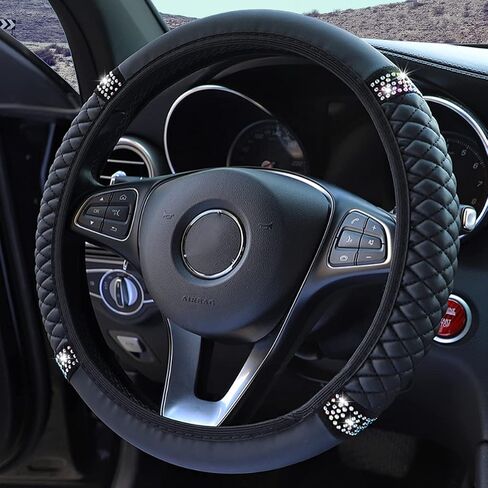 Diamond Leather Steering Wheel Cover for Women Girls, with Bling Bling Crystal Rhinestones, Universal Fit 15 Inch Car Steering Wheel Protector (Black) in Saudi Arabia