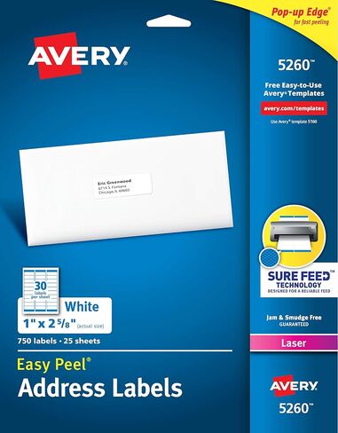 ملصقات عنوان Avery Easy Peel لطابعات الليزر، 1 بوصة × 2.625 بوصة، أبيض، عبوة من 750 قطعة (5260) in Saudi Arabia