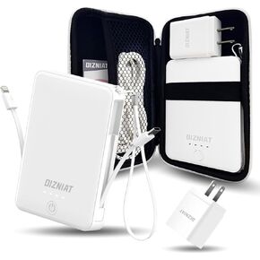10,000 mAh Ultra Slim Pocket Power Bank, Portable Charger with Built in USB C and ‌Lightning Cable, 22.5W Fast Charging, 4 Outputs Travel Battery Pack Compatible with iPhone Android Pink