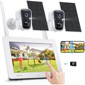 SANSCO 2K Solar Wireless Security Camera System with 4CH 7" Touchscreen Monitor, 2PCS 4MP WiFi Battery Powered Camera Outdoor with 128GB SD Card, PIR Human Detection, 2-Way Audio, Color Night Vision