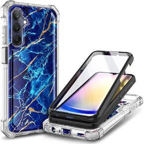 NZND Designed for Samsung Galaxy A15 Phone Case with [Built-in Screen Protector], Full-Body Protective Shockproof Rugged Bumper Cover Case for Samsung A15G 5G/A15 4G (Marble Design Sapphire)