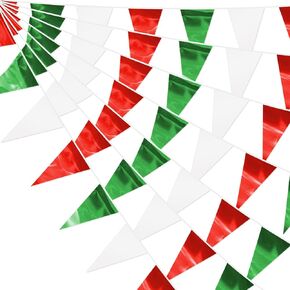 32.8FT White Green Red Glitter Triangle Pennant Banner Flag Metallic Bunting Fabric Garland for Christmas Italy Mexican Birthday Baby Shower Wedding Banners,New Years Winter Decor Ouruola