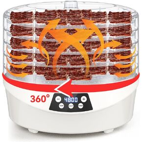 Food Dehydrator for Jerky, 500W 5 BPA-Free 360° Rotating Trays Dehydrator Machine for Yogurt, Meat, Mushroom, Fruits, Veggies, Dog Treats, Recipes Cookbook included, Yogurt Maker Machine