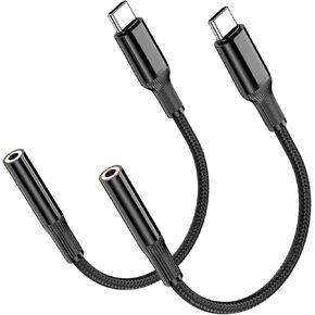 2Pack USB C to 3.5mm Audio Cable, Male to Female Adapter with Nylon Cable for Samsung S20 Ultra, Type-C to Audio Jack Adapter for iPhone 15/16 Pro, Pixel 4/4XL, Black