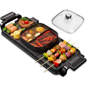 Hot Pot with Grill, 2 in 1 Electric Hot Pot with Grill 2800W Smokeless Non-Stick Korean BBQ Grill Shabu Shabu Hot Pot Combo with Independent Temperature Control 5 Gears Firepower For 3-12 People