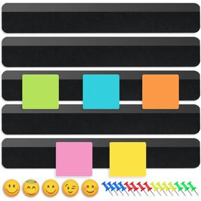 Combo Bulletin Board Strips - 5Pcs Felt & Magnetic Cork Board Strips, Strong Adhesive Wall Mount Bulletin Bar Strip, Black Felt Coated Small Bulletin Boards for Home Office Organization