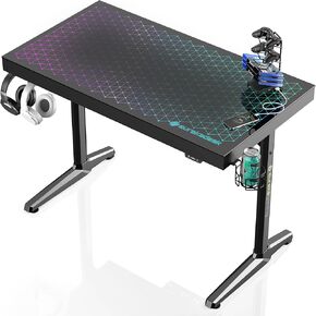EUREKA ERGONOMIC RGB LED Gaming Desk, Music Sync Lights Up Tempered Glass Desktop, 43" GTG I43 Home Office Computer Table W Controller Rack 4 USB Charging Ports, APP Control
