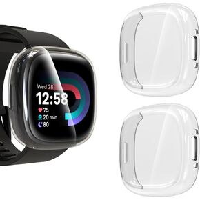 2 Pack Screen Protector Compatible with Fitbit Sense 2 / Versa 4, All-Around Protective Ultra Slim Soft TPU Case Cover Compatible with Fitbit Sense 2/ Versa 4 - Clear+Black