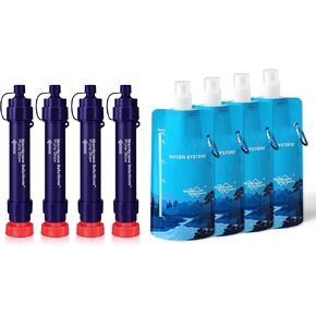 Membrane Solutions WS02 Detachable Water Filter Straw (Pack of 4) with 23oz Collapsible Squeezable Water Pouch (Set of 4)