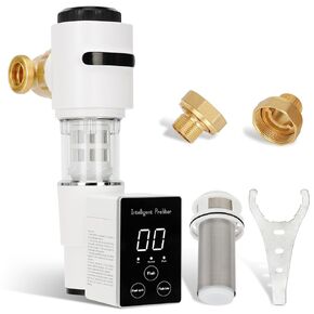 Auto Flush Sediment Filter, Spin Down Water Filter with Touch Screen, 50 Micron Reusable Whole House Water Filter, Food-Grade Material, 360° Rotatable Head，Pressure Gauge, Dual Power Supply