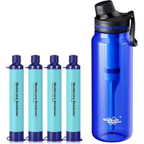 Membrane Solutions 36oz C3 ACF Filtered Water Bottle with 4 Packs Outdoor Water Filter Straw