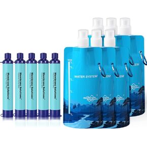 Membrane Solutions Squeezable Water Filtration System, Survival Water Purifier Kit, Portable Backpacking Gear Including Water Filter Straw and 23oz Collapsible Bottle for Hiking Camping Travel(5+6)