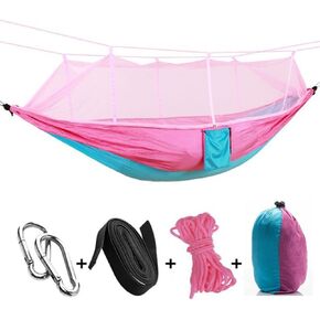 Camping Hammock with Mosquito Net,1-2 Lightweight Portable Outdoor Camping Hammock Nylon Hammock Tent with Tree Straps for Indoor, Camping, Hiking, Backpacking, Beach,Backyard,Pink and Sky Blue