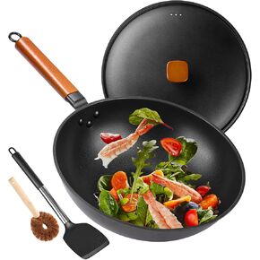 Carbon Steel Wok Pan - 12.9" Woks & Stir-Fry Pans Nonstick with Spatula: Flat Bottom Wok for Electric, Induction and Gas Stoves