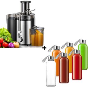 QCen 800W Juicer Machine Black and 6PCS Glass Bottle Bundle