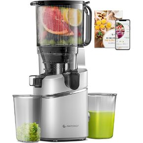 AMZCHEF Juicer Machines, 5.8" Extra Self-Feeding Cold Press Juicer for Whole Vegetable & Fruit, Juice Extractor Machine with Large Auger & Triple Strainers, Easy to Clean, High Juice Yield, Silver