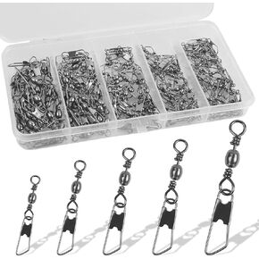 150PCS Fishing Swivels Barrel Swivel Snap Swivels Kit Fishing Tackle Swivels with Safety Snaps High Strength Solid Rings Fish Quick Connect Snap Swivels Fish Connector Accessories