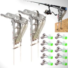 Cooltto 2 Pack Upgraded Automatic Spring Fishing Rod Holder for Ground with Bonus 10 Silver Fishing Rod Bells for Saltwater & Freshwater and Size of Fish