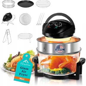 Pro 8in1 Glass Air Fryer Non Toxic Extra Large 18 Quart, Convection Countertop Air Fryer Glass, Healthy Kitchen Bake, Grill, Steam Broil, & Roast -Includes Glass Bowl, Broil Rack,Toasting Rack