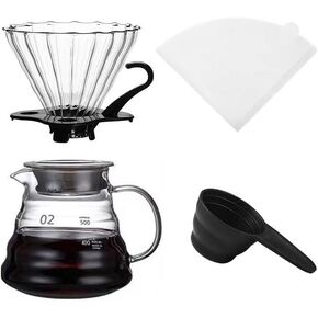 Pour Over Coffee Maker, 20 oz Borosilicate Glass Carafe with 100 pcs V60 Paper Filter, Glass Lid, Drip Coffee Maker for Home Café Restaurant Camping, 600 ml, Clear, V60 Kit