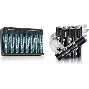 Rechargeable Lithium Batteries with Charger, 8 Pack 3400 mWh Li-ion Double a Batteries, 8 Pack Triple AAA 1100 mWh Li-ion Batteries, 1.5V Constant Output, with AA & AAA Mixed Charger
