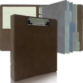 Mini 3 Ring Leather Binder for 5.5 x 8.5 with Clipboard, Small Vintage Hardback 1 Inch Binder, Clipboard Binder Folder Portfolio with Notepad, Professional Planner Binder Organizer