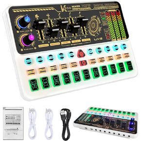 Audio Mixer With Effects, Live Sound Card with Volume Fader, Voice Changer, Sound Effects, LED Lights, for Karaoke, Recording, Podcasting Sound Board for Kids, Gift, Gme, PS5(White)