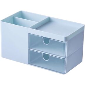 Small Desk Organizer with Pen Holder and Drawer, Plastic Desk Storage Box with 4 Compartments for Office, School, Home, Vanity Organizer, Cosmetic Makeup Organizer for Women,White