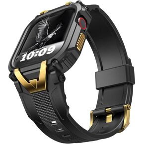 SUNFWR Rugged Band with Case Compatible with Apple Watch Bands for Men 45mm 44mm, Sport Strap with Protective Cover Bumper for iWatch Series 9 8 7 6 5 4 SE SE2, Black Gold