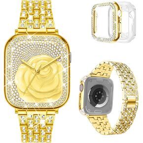 DABAOZA Compatible for Women Apple Watch Band, Bumper Case Cover Full Rhinestone Sparkle Stainless Metal Strap for iWatch Series 9 8 7 6 5 4 3 2 1 SE