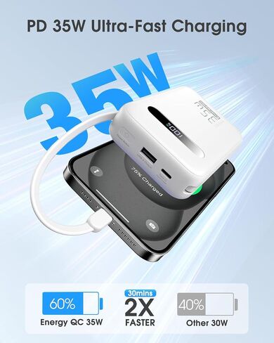EnergyQC Power Bank, 20,000mAh 35W PD 3.0+QC 4.0 Fast Charging Portable Charger with Built-in Lightning & USB-C in&Out Cables, Battery Pack for iPhone 16/15/14 Series, Galaxy, iPad, AirPods, White in Saudi Arabia