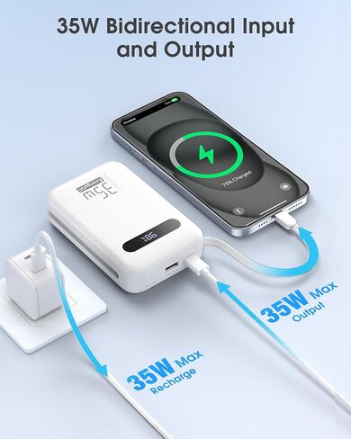 EnergyQC Power Bank, 20,000mAh 35W PD 3.0+QC 4.0 Fast Charging Portable Charger with Built-in Lightning & USB-C in&Out Cables, Battery Pack for iPhone 16/15/14 Series, Galaxy, iPad, AirPods, White in Saudi Arabia