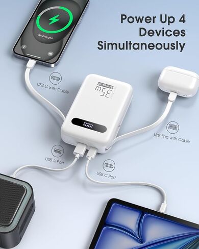 EnergyQC Power Bank, 20,000mAh 35W PD 3.0+QC 4.0 Fast Charging Portable Charger with Built-in Lightning & USB-C in&Out Cables, Battery Pack for iPhone 16/15/14 Series, Galaxy, iPad, AirPods, White in Saudi Arabia