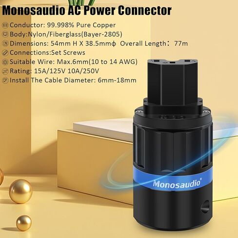Monosaudio Audiophile Power Plug Pure Copper 15A/125V 10A/250V IEC C13/C15 Power Connector Hi-end Audio Power Plug for DIY Audiophile Power Cord HiFi Audio AC Power Cable(Rhodium Plated)（M104R/F104R） in Kuwait