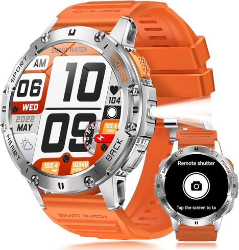 Military Smart Watch for Men with Flashlight, 170+ Sport Modes 1.43" AMOLED Screen, 530mAh Answer/Make Calls, Bluetooth for Android Phones and iPhone Compatible Pedometer (Black) in Kuwait