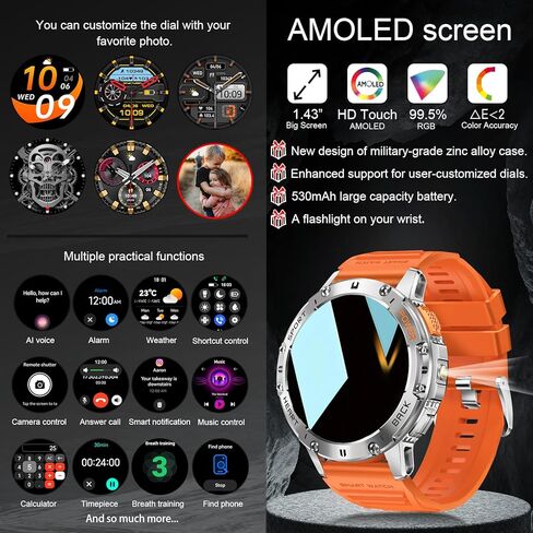 Military Smart Watch for Men with Flashlight, 170+ Sport Modes 1.43" AMOLED Screen, 530mAh Answer/Make Calls, Bluetooth for Android Phones and iPhone Compatible Pedometer (Black) in Kuwait