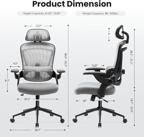 Ergonomic Office Chair - High Back Desk Chair with Up&Down Lumbar Support,Adjustable Headrest with Flip-Up Armrests,Swivel Computer Task Chair,Black in Saudi Arabia