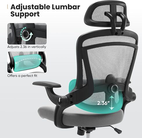 Ergonomic Office Chair - High Back Desk Chair with Up&Down Lumbar Support,Adjustable Headrest with Flip-Up Armrests,Swivel Computer Task Chair,Black in Saudi Arabia
