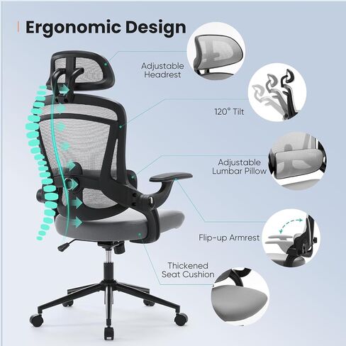 Ergonomic Office Chair - High Back Desk Chair with Up&Down Lumbar Support,Adjustable Headrest with Flip-Up Armrests,Swivel Computer Task Chair,Black in Saudi Arabia