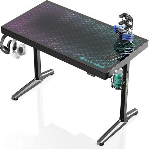Eureka Ergonomic RGB LED Desk ، Music Sync يضيء سطح المكتب الزجاجي المقسى ، 43 "GTG I43 طاولة كمبيوتر المكتب المنزلي W Controller Rack 4 منافذ شحن USB ، التحكم في التطبيق in Kuwait