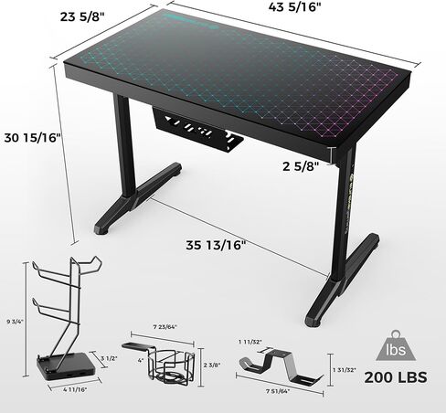 Eureka Ergonomic RGB LED Desk ، Music Sync يضيء سطح المكتب الزجاجي المقسى ، 43 "GTG I43 طاولة كمبيوتر المكتب المنزلي W Controller Rack 4 منافذ شحن USB ، التحكم في التطبيق in Kuwait