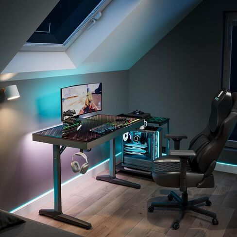 Eureka Ergonomic RGB LED Desk ، Music Sync يضيء سطح المكتب الزجاجي المقسى ، 43 "GTG I43 طاولة كمبيوتر المكتب المنزلي W Controller Rack 4 منافذ شحن USB ، التحكم في التطبيق in Kuwait