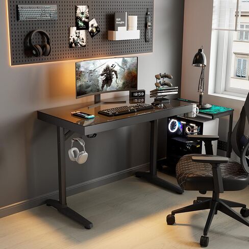 Eureka Ergonomic RGB LED Desk ، Music Sync يضيء سطح المكتب الزجاجي المقسى ، 43 "GTG I43 طاولة كمبيوتر المكتب المنزلي W Controller Rack 4 منافذ شحن USB ، التحكم في التطبيق in Kuwait