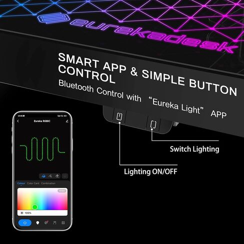Eureka Ergonomic RGB LED Desk ، Music Sync يضيء سطح المكتب الزجاجي المقسى ، 43 "GTG I43 طاولة كمبيوتر المكتب المنزلي W Controller Rack 4 منافذ شحن USB ، التحكم في التطبيق in Kuwait