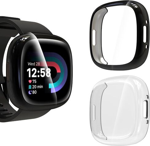 2 Pack Screen Protector Compatible with Fitbit Sense 2 / Versa 4, All-Around Protective Ultra Slim Soft TPU Case Cover Compatible with Fitbit Sense 2/ Versa 4 - Clear+Black in Saudi Arabia