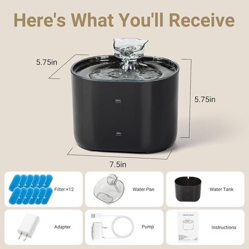 Meill Cat Water Fountain, 75Oz/2.2L Dog Water Bowl Dispenser with Filter Indoor for Small Pets, Automatic Shut-Off for Low Water Level, Water Level Visible, Ultra-Silent, 4 Filters, Black in Saudi Arabia