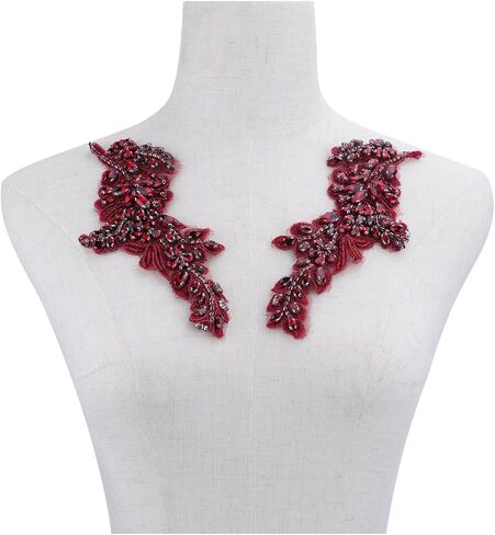 1 Pair Hand-Made Beaded Rhinestons DIY Clothing Appliques Patch Leaves Flower Applique Patch for Wedding Dress Decoration (Blue) in Saudi Arabia